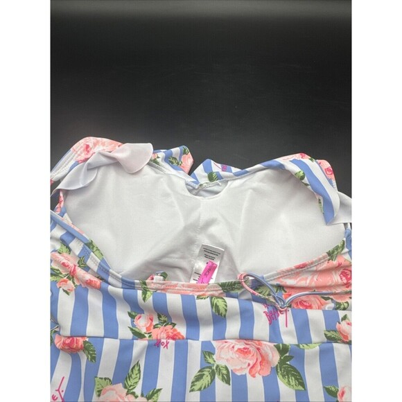 Betsey Johnson Pink Floral Blue Stripe Print Women’s One Piece Swimsuit Sz M - Picture 7 of 11